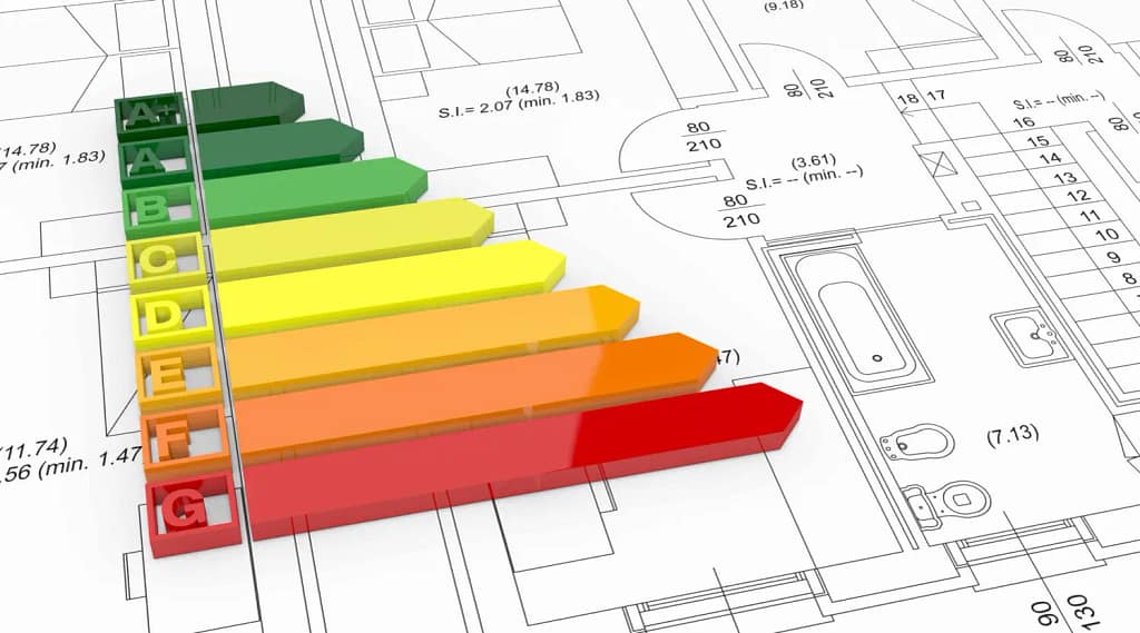 Escala de colores de la etiqueta energética sobre los planos de una vivienda