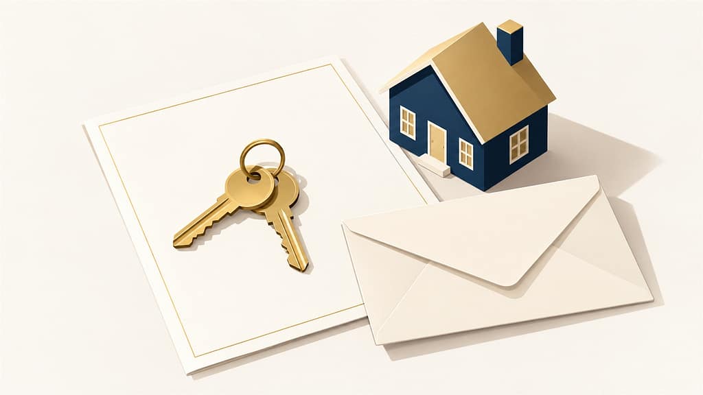 Ilustración de unas llaves sobre un contrato, junto a un sobre y una casita