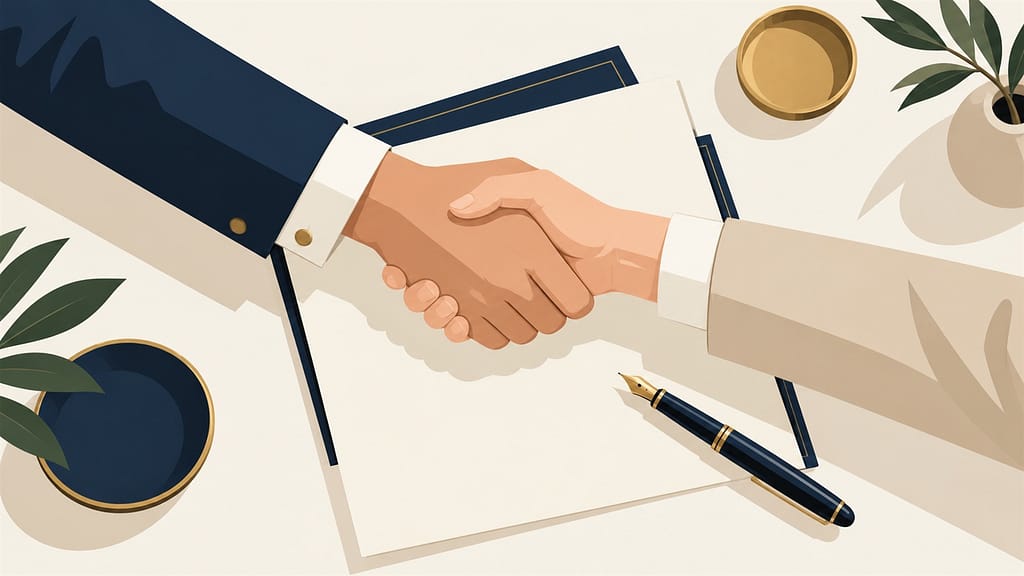 Ilustración de dos manos cerrando un acuerdo sobre un documento, con una pluma