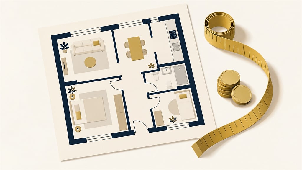 Ilustración del plano de un piso con una cinta métrica y unas monedas