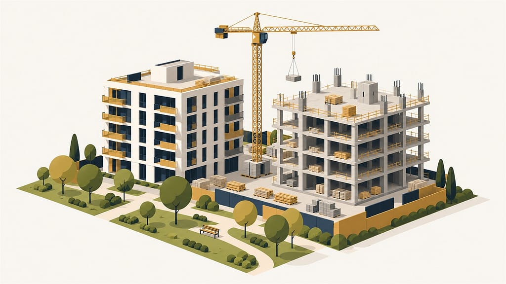 Ilustración de viviendas nuevas en construcción con una grúa y un parque delante