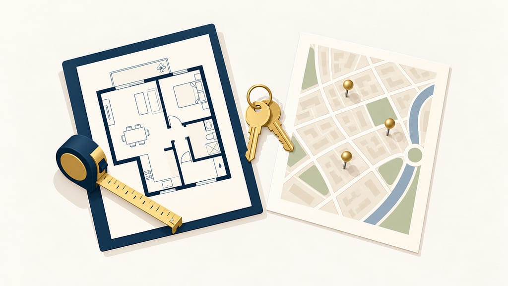Ilustración de un plano de piso con una cinta métrica, un mapa con chinchetas y unas llaves