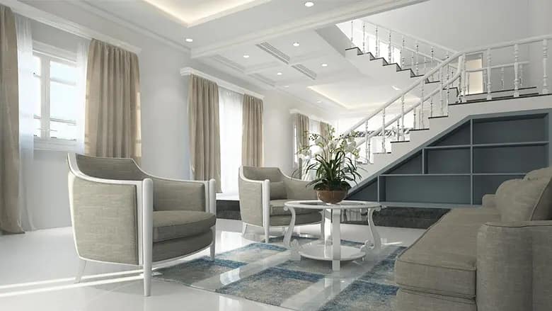 La imagen muestra una sala y escaleras en un hogar.