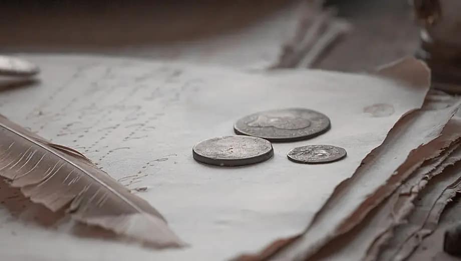 La imagen muestra monedas antiguas sobre un documento.